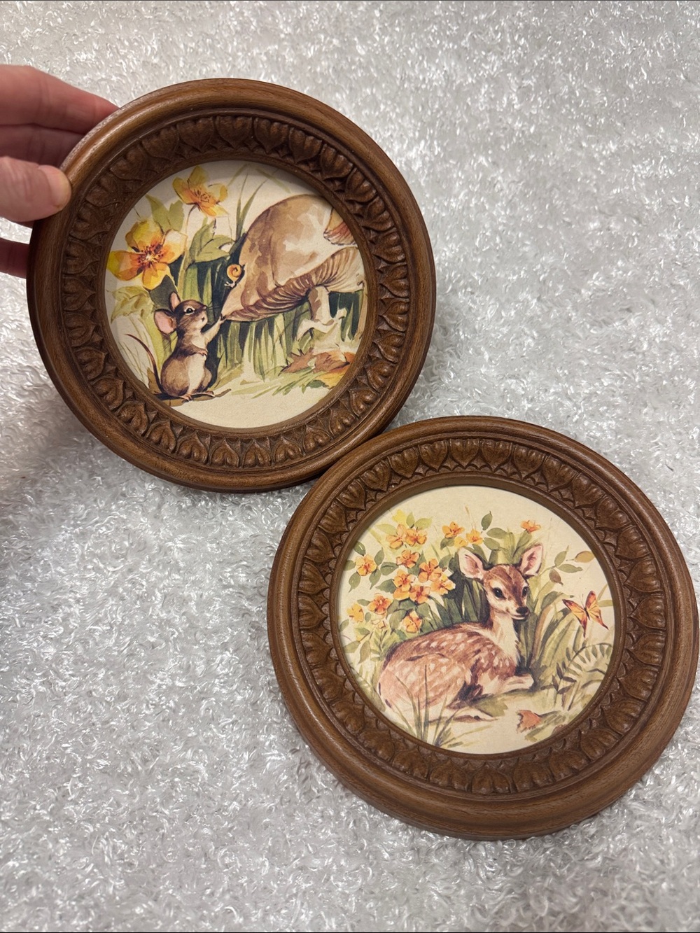 Vintage round frame wall art decor mid century deer mouse mushroom